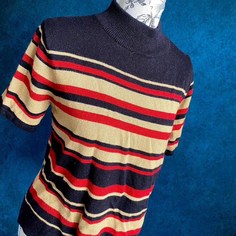Vintage Y2K Whimsigoth Stripe Black Red Gold Sparkly Turtleneck Short Sleeve Top